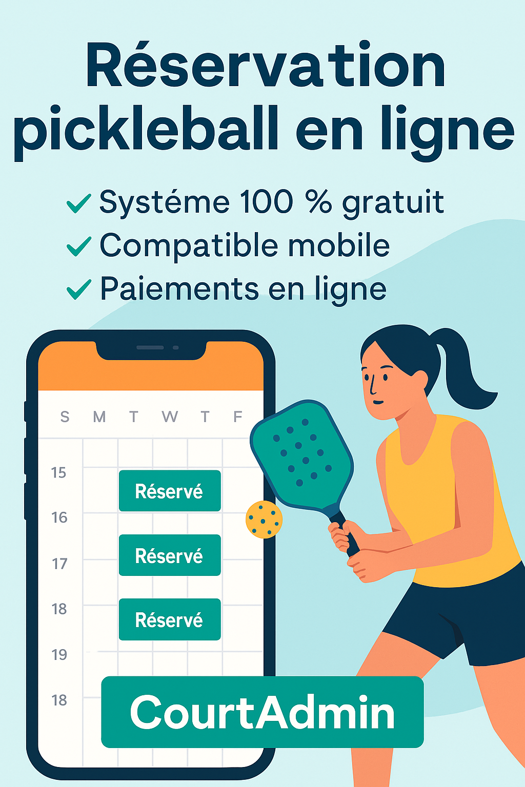 Écran du système de réservation padel CourtAdmin affichant le planning des courts