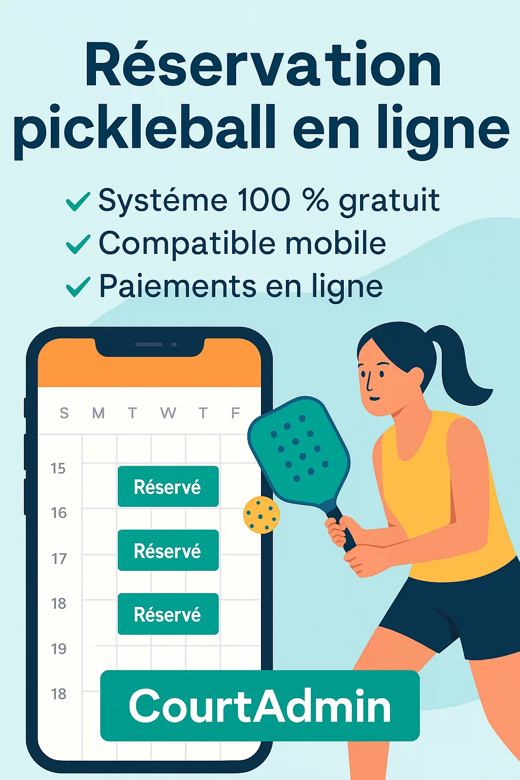 Interface du système de réservation padel CourtAdmin sur mobile et desktop